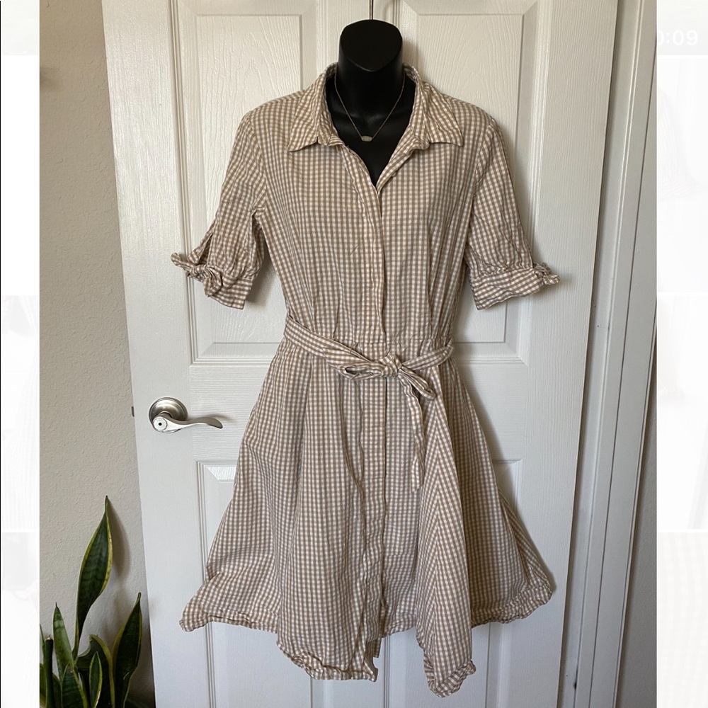 Calvin Klein Beige Gingham Midi Shirt Dress